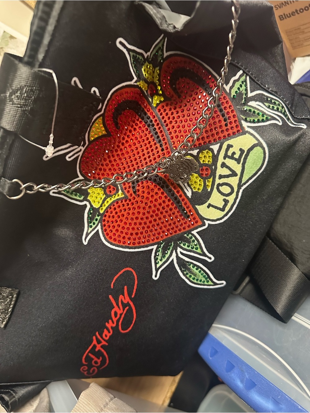 Ed Hardy Black Tote with Red Sequin Heart and Silver Chain